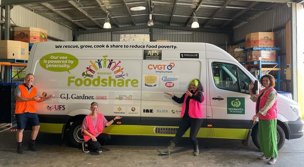 The Bendigo Foodshare van, carrying the logos of its supporters including The Bendigo Cleaning Company